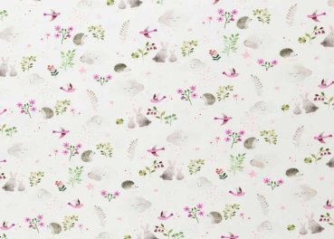 Little Spring Jersey in weiß pink mit kleinen Tieren und Blumen, Swafing, Stoff für Kinder und Erwachsene
