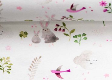 Little Spring Jersey in weiß pink mit kleinen Tieren und Blumen, Swafing, Stoff für Kinder und Erwachsene