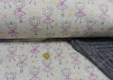 Alpenfleece Dancing Ballerina grau, Mäuse als Ballerinas mit Glitzer auf Kuschelsweat  stoffe und kreatives Welt der Kinderstoffe