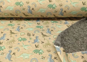Alpenfleece Dino hellbraun meliert, Dinos und Regenbogen auf Kuschelsweat  stoffe und kreatives Welt der Kinderstoffe