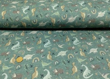 Alpenfleece Dino grün, Dinos und Regenbogen auf Kuschelsweat  stoffe und kreatives Welt der Kinderstoffe