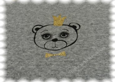 Alpenfleece Glitzerbär grau,  glitzernde Bärenköpfe auf Kuschelsweat  stoffe und kreatives welt der Kinderstoffe