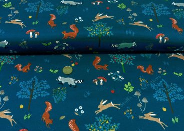 Animals in the forest petrol Hilco Sweatshirtstoff mit Waldtieren Kinderstoff Meterware