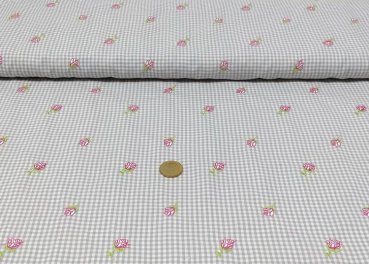 check and roses cotton poplin grey fabric with small flowers