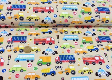 City Cars cotton jersey beige fabric for kids