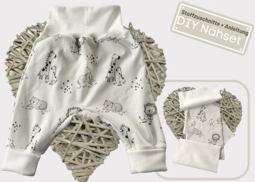 DIY Nähpaket Stoff Zuschnitte plus Anleitung Pumphose Jersey Wild Life, Bündchen naturweiss Nähset