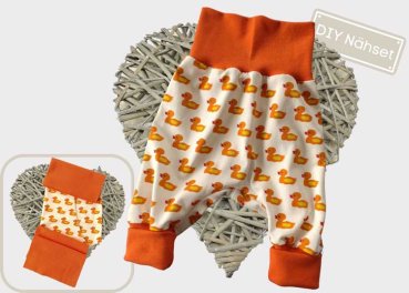 DIY Nähpaket Stoff Zuschnitte Pumphose Jersey Entchen, Bündchen orange Nähset