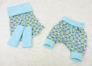 DIY Nähpaket Stoff Zuschnitte Pumphose Jersey mit Pinguinen aus Baumwolle, Bündchen aqua Gr. 50/56 - 74/80 DIY Nähset für Jungs