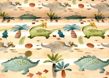 Dino Stripe Jersey in weiß terrakotta mit Dinos, Palmen und Streifen, ein Kinderstoff von Hilco