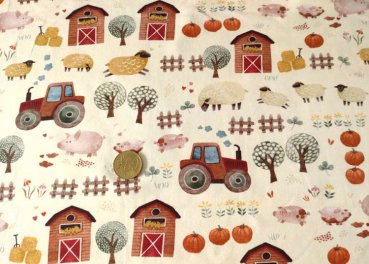 Fancy Farm Baumwoll-Jersey mit Bauernhof Tieren und Traktor ein Kinderstoff von Hilco