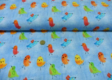Flying Bird hellblau Kinderstoff Jersey in Jeansoptik mit bunten Vögeln