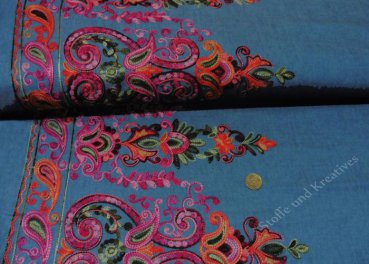 Jeans Stickerei Paisley Bordürenstoff blau pink