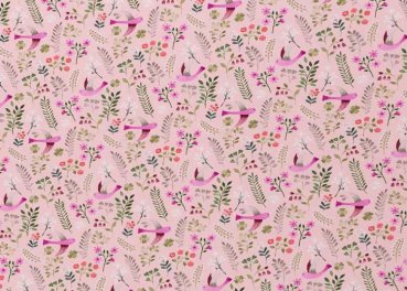 Little Spring Jersey in rosé mit kleinen Vögeln, Blumen und Blättern, Swafing, Stoff für Kinder und Erwachsene