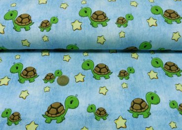Little Turtle hellblau Kinderstoff Jersey in Jeansoptik mit Schildkröten und Sternen