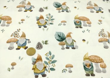 Lutin ecru grün Baumwoll-Jersey mit Zwergen Kinderstoff mit Herbstmotiven von Hilco