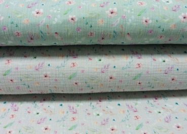 Musselin Sabella grau oder grün Double Gauze Baumwollstoff Blumenstoff Meterware