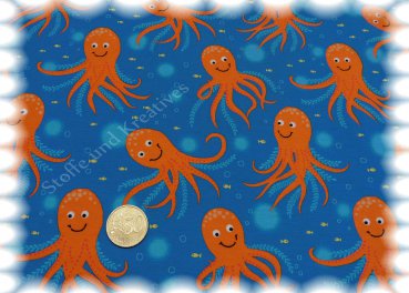 Octopussy blau orange Kinderstoffe Jersey Stretchjersey Hilco Stoffe und Kreatives