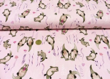 Otter Love Hilco Baumwolljersey in rosa mit Otter und Herzchen, ein Kinderstoff von Hilco