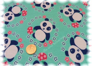 Panda Love mint Sweatshirtstoff mit Pandas, Kinderstoff von Hilco
