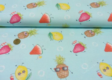 Refresh Fruits Jersey in aqua mit verschiedenen Früchten, ein Kinderstoff von Hilco