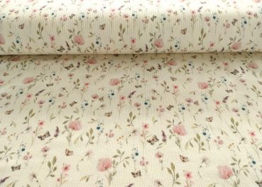 Rippjersey Lara, Lilly und Lia ecru Blumenstoff mit Rippenstruktur