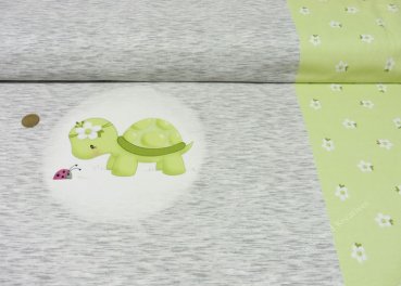 Schildi Hilco Panel mit Schildkröte und kleinen Blumen, grau meliert, grün, Baumwoll-Jersey Kinderstoff
