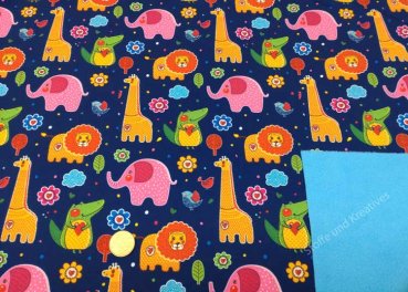 Softshell Lena dunkelblau Kinderstoff Outdoorstoff mit bunten Tieren