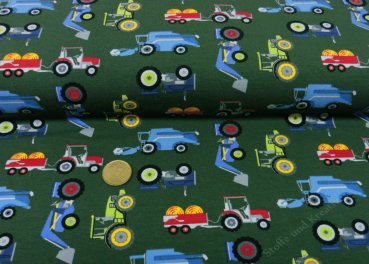 Traktor und Co Jersey Kinderstoff in oliv grün mit Traktoren und Mähdreschern
