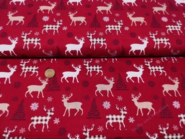 Weihnachtsstoff Erik rot Weihnachtsstoff  Baumwolle Webware mit Hirschen