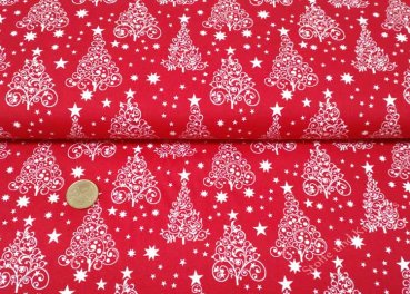 Weihnachtstraum rot ecru Weihnachtsstoff  Baumwolle Webware mit Tannenbäumen