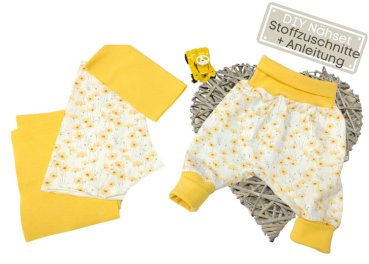 Stoffzuschnitte DIY Nähset Baby Pumphose nähen Jersey Watercolour Flowers plus Bündchen gelb Geschenk Baby Mädchen