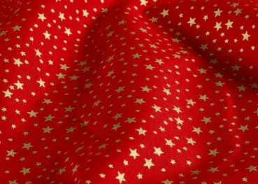 Preview: Sternenhimmel xs Weihnachtsstoff  Baumwolle Webware mit goldenen Sternen auf rotem Grund. Meterware Weihnachtsstoff