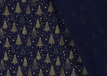 Tannengold Weihnachtsstoff  Baumwolle Webware mit goldenen Bäumen und Sternen auf rotem Grund. Meterware Weihnachtsstoff