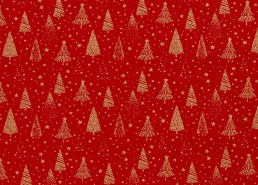 Tannengold Weihnachtsstoff  Baumwolle Webware mit goldenen Bäumen und Sternen auf rotem Grund. Meterware Weihnachtsstoff