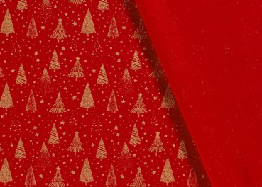 Tannengold Weihnachtsstoff  Baumwolle Webware mit goldenen Bäumen und Sternen auf rotem Grund. Meterware Weihnachtsstoff