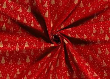 Tannengold Weihnachtsstoff  Baumwolle Webware mit goldenen Bäumen und Sternen auf rotem Grund. Meterware Weihnachtsstoff