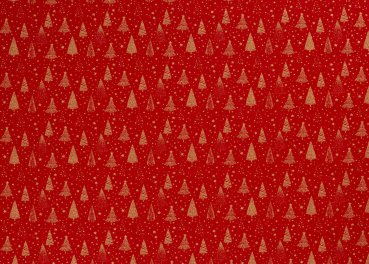 Tannengold Weihnachtsstoff  Baumwolle Webware mit goldenen Bäumen und Sternen auf rotem Grund. Meterware Weihnachtsstoff