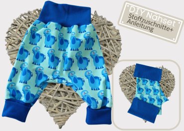 DIY Nähpaket Stoff Zuschnitte Pumphose Jersey Elefanten, Bündchen royalblau Nähset