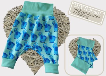 DIY Nähpaket Stoff Zuschnitte Pumphose Jersey Elefanten, Bündchen mintgrün Nähset