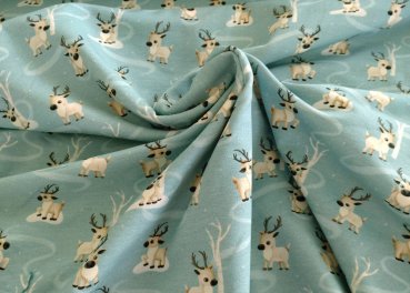 Happy Deer Mrs Mint Design Hilco French Terry in mint, ein Sweatstoff mit kleinen Rentieren