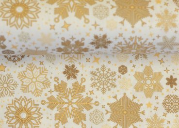 Preview: Joyful Christmas Swafing Weihnachtsstoff  Baumwolle Webware mit goldenen Schneeflocken auf ecrufarbenem Grund. Meterware Weihnachtsstoff