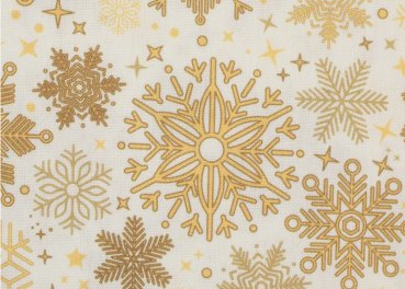 Preview: Joyful Christmas Weihnachtsstoff  Baumwolle Webware mit goldenen Schneeflocken auf naturfarbenem Grund. Meterware Weihnachtsstoff