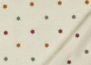 Romy Teddyplüsch mit aufgestickten Blumen Meterware in ecru