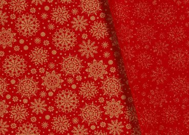 Preview: Sternengold Weihnachtsstoff  Baumwolle Webware mit goldenen Sternen auf rotem Grund. Meterware Weihnachtsstoff
