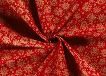 Preview: Sternengold Weihnachtsstoff  Baumwolle Webware mit goldenen Sternen auf rotem Grund. Meterware Weihnachtsstoff