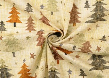 Preview: Tannenwald Weihnachtsstoff  Baumwolle Webware mit Tannenbäumen in natur mit braun als Meterware