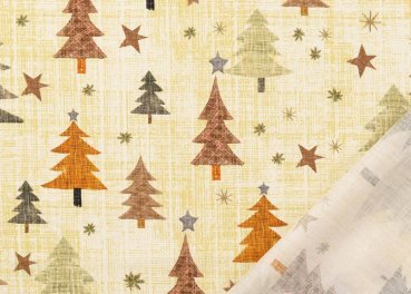 Preview: Tannenwald Weihnachtsstoff  Baumwolle Webware mit Tannenbäumen in natur mit braun als Meterware