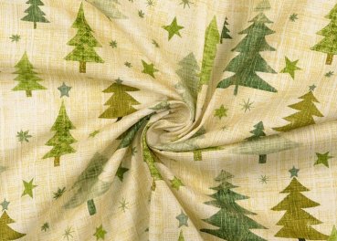 Preview: Tannenwald Weihnachtsstoff  Baumwolle Webware mit Tannenbäumen in natur mit grün als Meterware