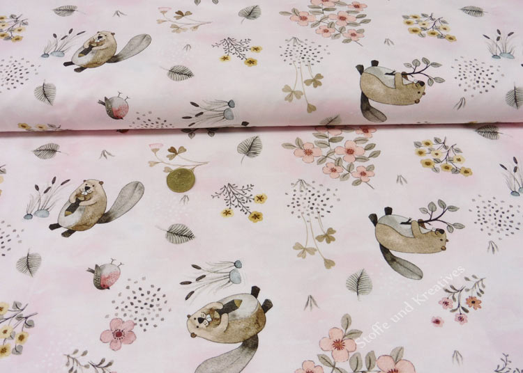 maskinskriver komedie pedal Beaver Love rose jersey fabric with beavers, birds flowers and leaves by  Hilco - Stoffe und Kreatives