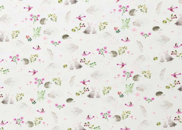 Little Spring Jersey in weiß pink mit kleinen Tieren und Blumen, Swafing, Stoff für Kinder und Erwachsene